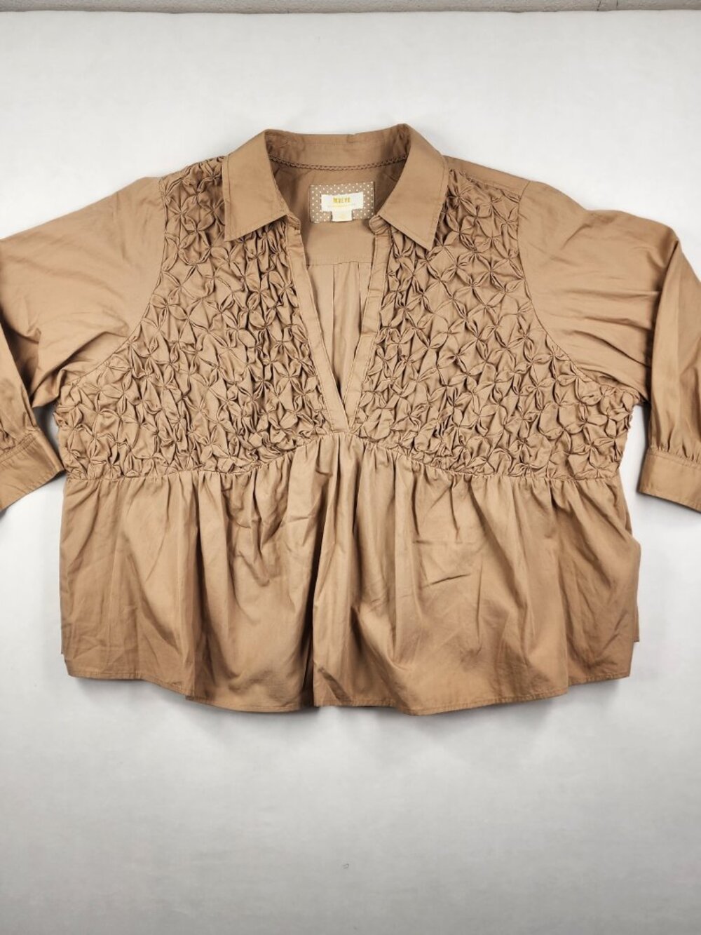 Maeve Anthropologie Women’s 2X Beige Tan Puff Sleeve Sea Breeze Blouse Top Boho - Picture 3 of 12